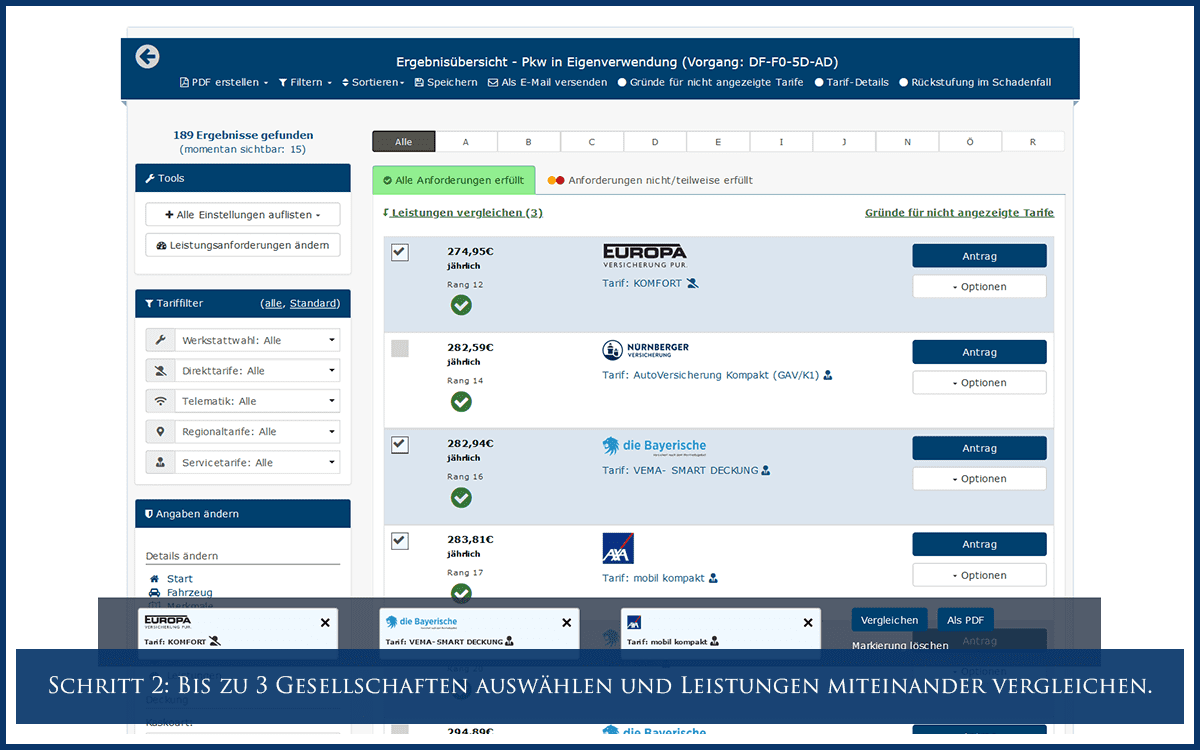 Schritt 2: Bis zu 3 Gesellschaften auswählen und Leistungen miteinander vergleichen.